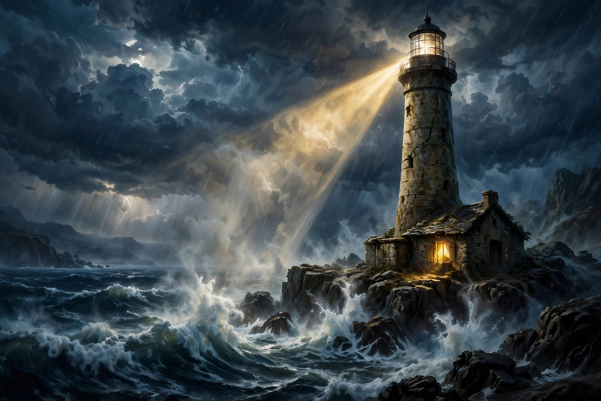 A lighthouse beam sweeping the dark sea